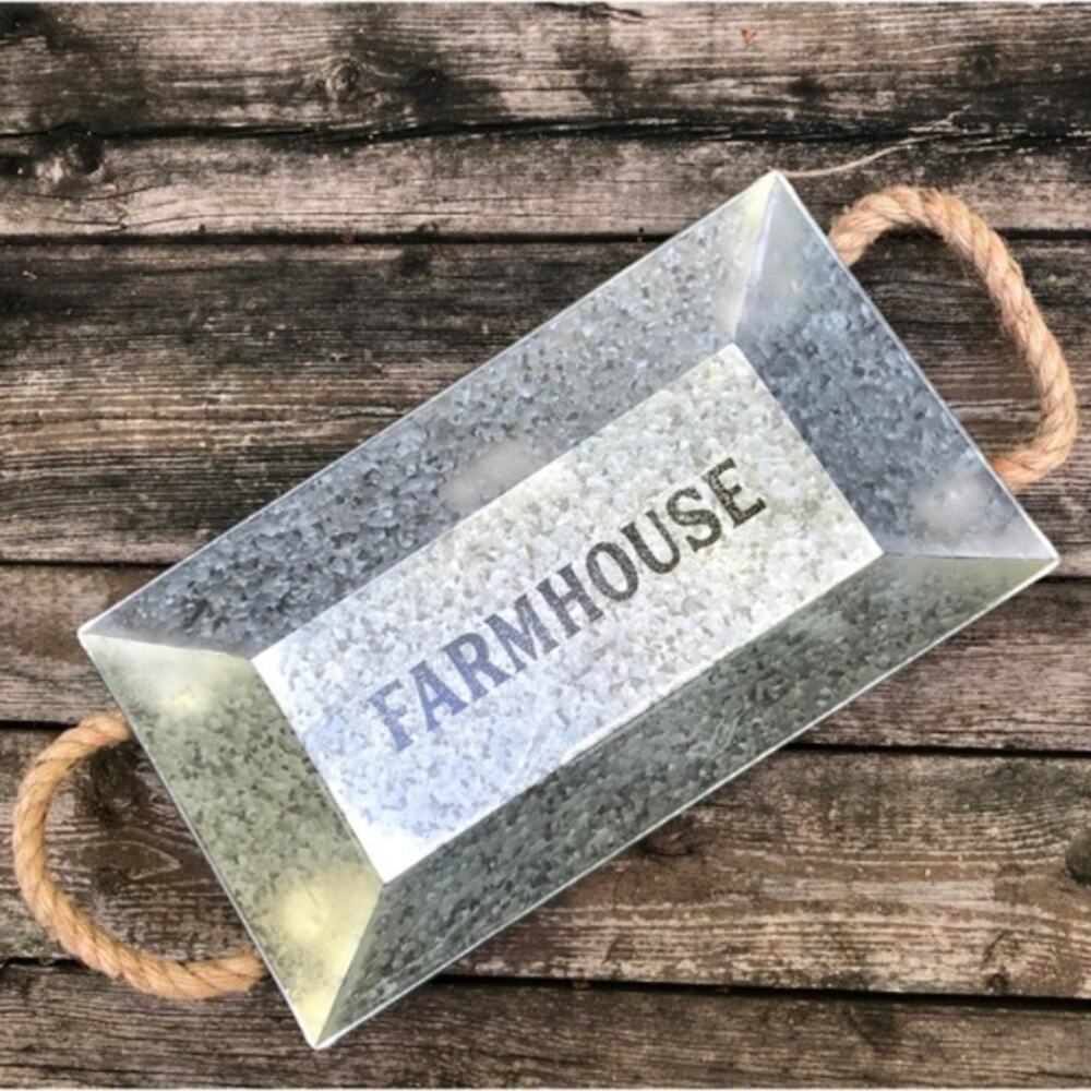 Galvanized Metal Farmhouse Tray Wall Hanging Rope Handle Rustic Country Decor